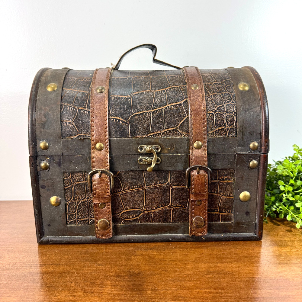 Wooden Pirate Treasure Chest Decorative Trunk with Unique Trim Belt Snaps